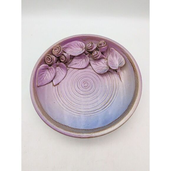 Art Pottery Bowl Dish With Roses / Purple Hues Applied Flowers Mother's Day - Picture 2 of 9